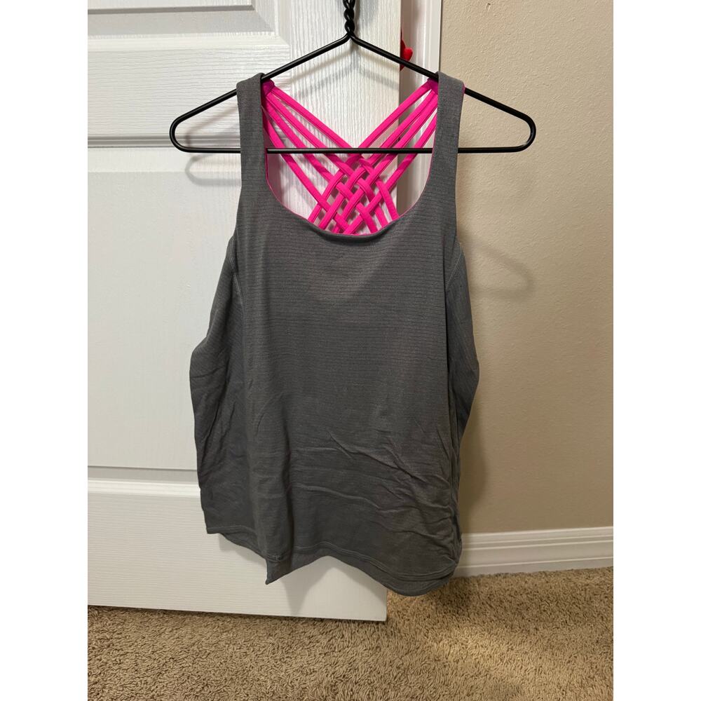Lululemon Gray Tank with Built-In Hot Pink Strappy Bra | Open Back